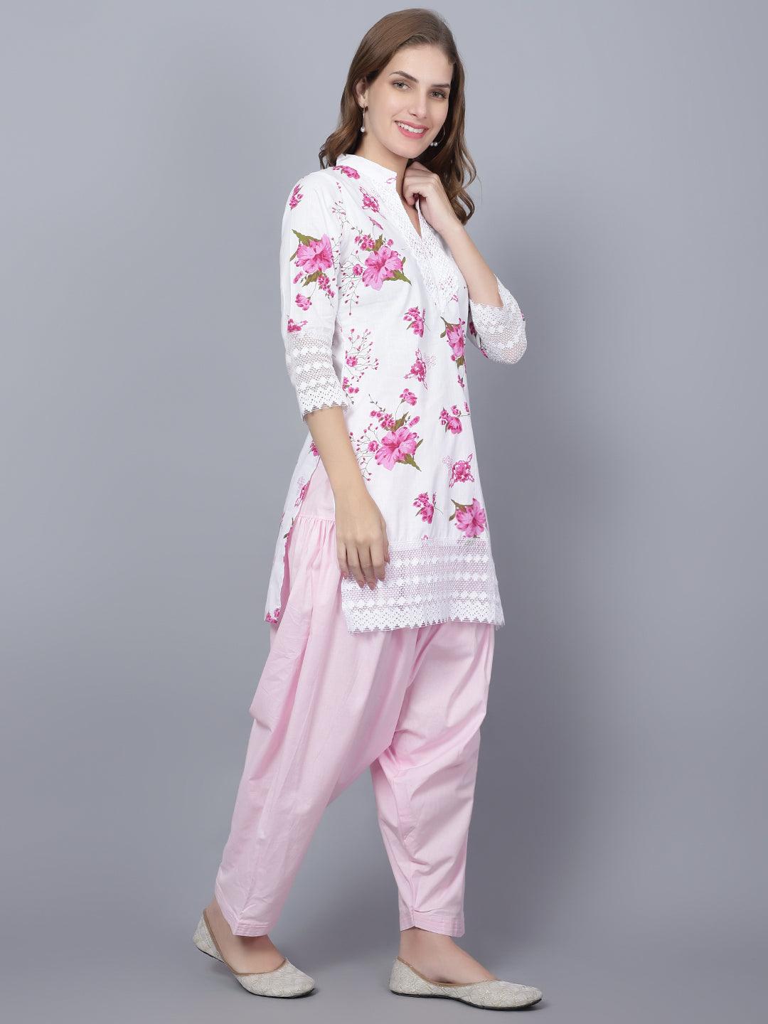 Trendzmy Women Apple Cut Pink Floral Print Pure Cotton Straight Kurta