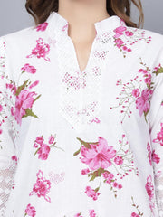Trendzmy Women Apple Cut Pink Floral Print Pure Cotton Straight Kurta