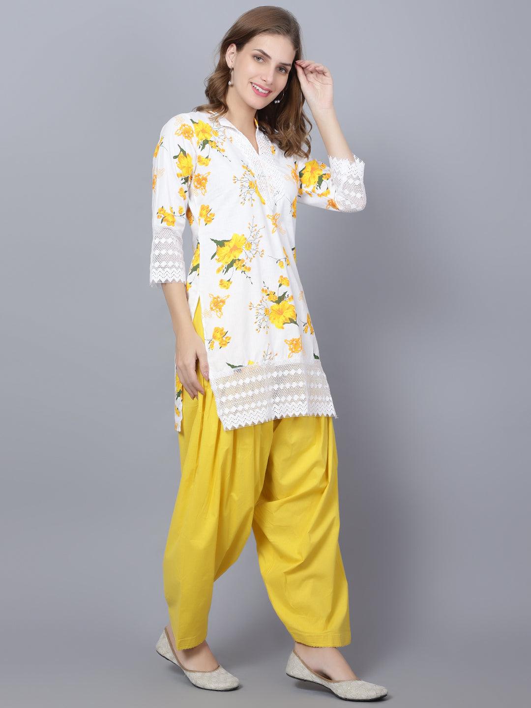 Trendzmy Women Apple Cut Yellow Floral Print Pure Cotton Straight Kurta