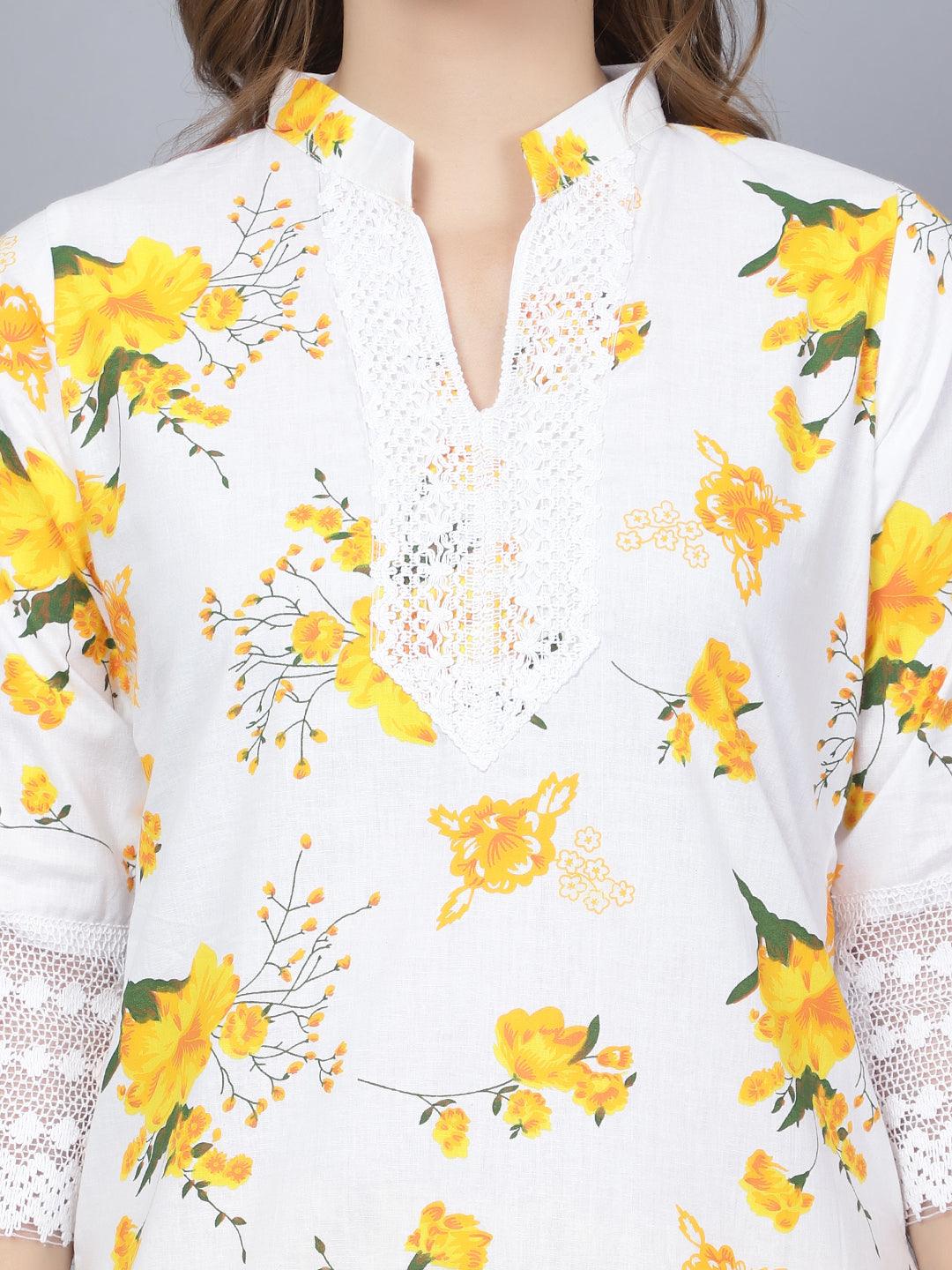 Trendzmy Women Apple Cut Yellow Floral Print Pure Cotton Straight Kurta