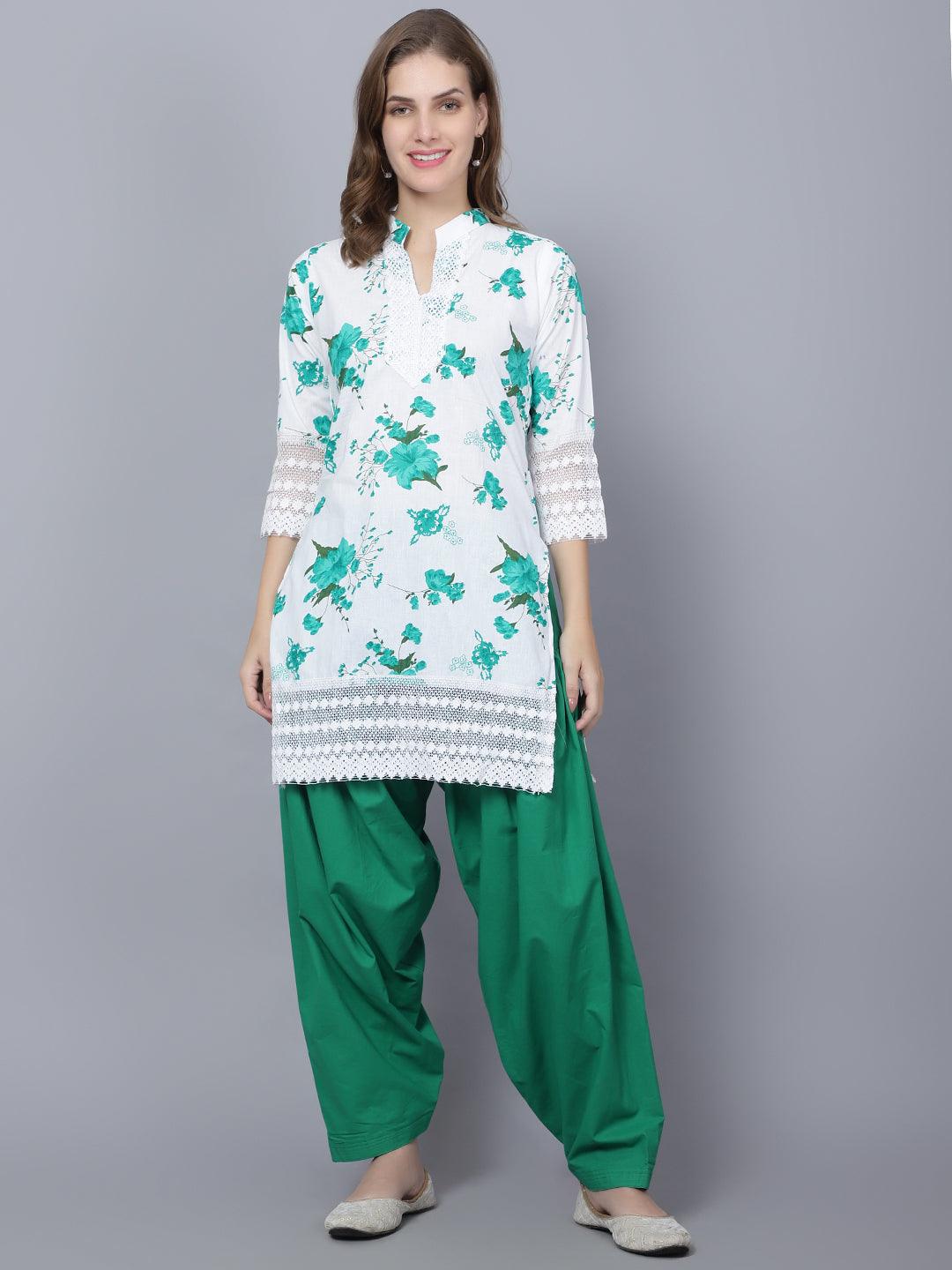 Trendzmy Women Apple Cut Green Floral Print Pure Cotton Straight Kurta