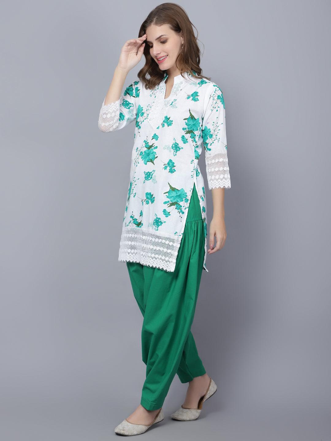 Trendzmy Women Apple Cut Green Floral Print Pure Cotton Straight Kurta