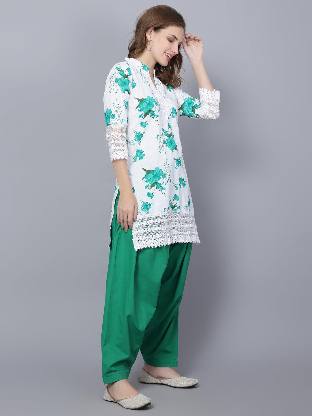 Trendzmy Women Apple Cut Green Floral Print Pure Cotton Straight Kurta