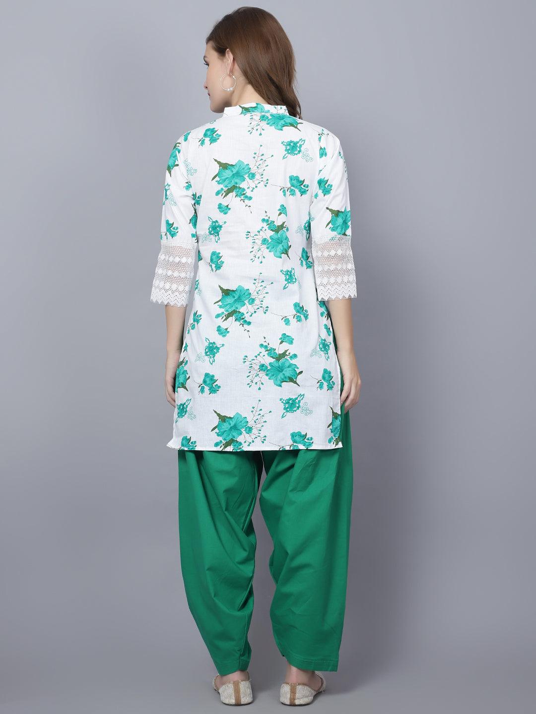 Trendzmy Women Apple Cut Green Floral Print Pure Cotton Straight Kurta