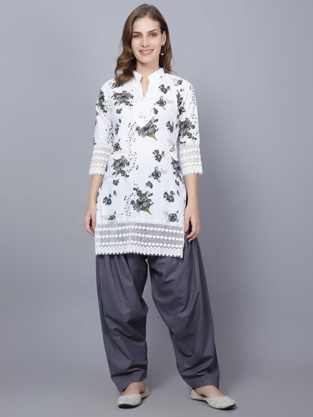 Trendzmy Women Apple Cut Grey Floral Print Pure Cotton Straight Kurta