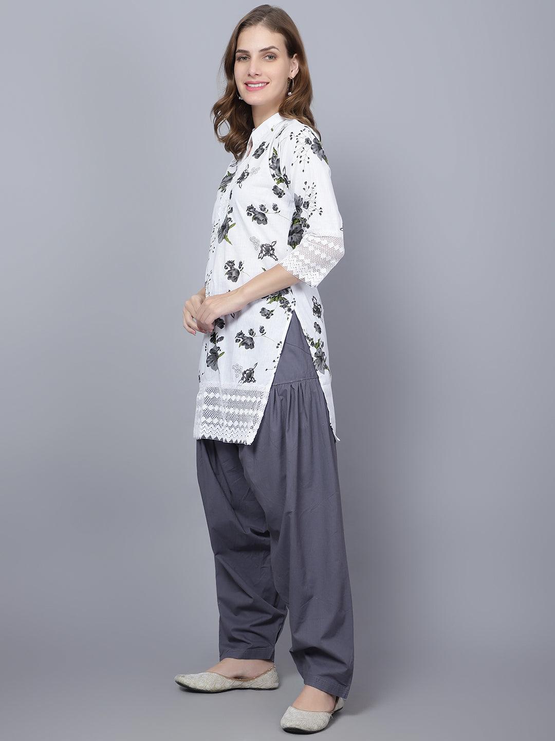 Trendzmy Women Apple Cut Grey Floral Print Pure Cotton Straight Kurta