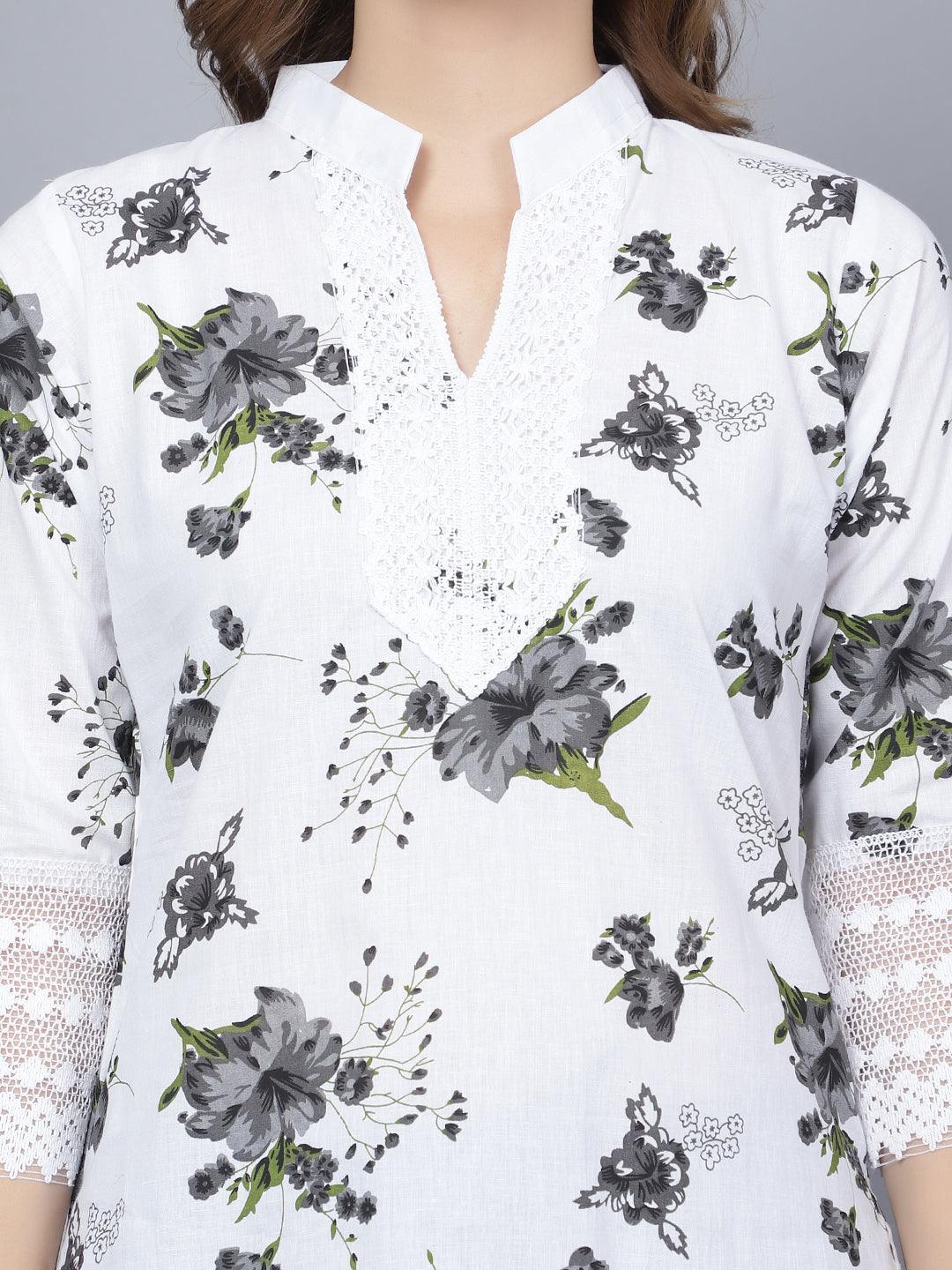 Trendzmy Women Apple Cut Grey Floral Print Pure Cotton Straight Kurta