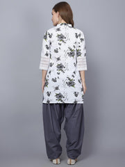 Trendzmy Women Apple Cut Grey Floral Print Pure Cotton Straight Kurta