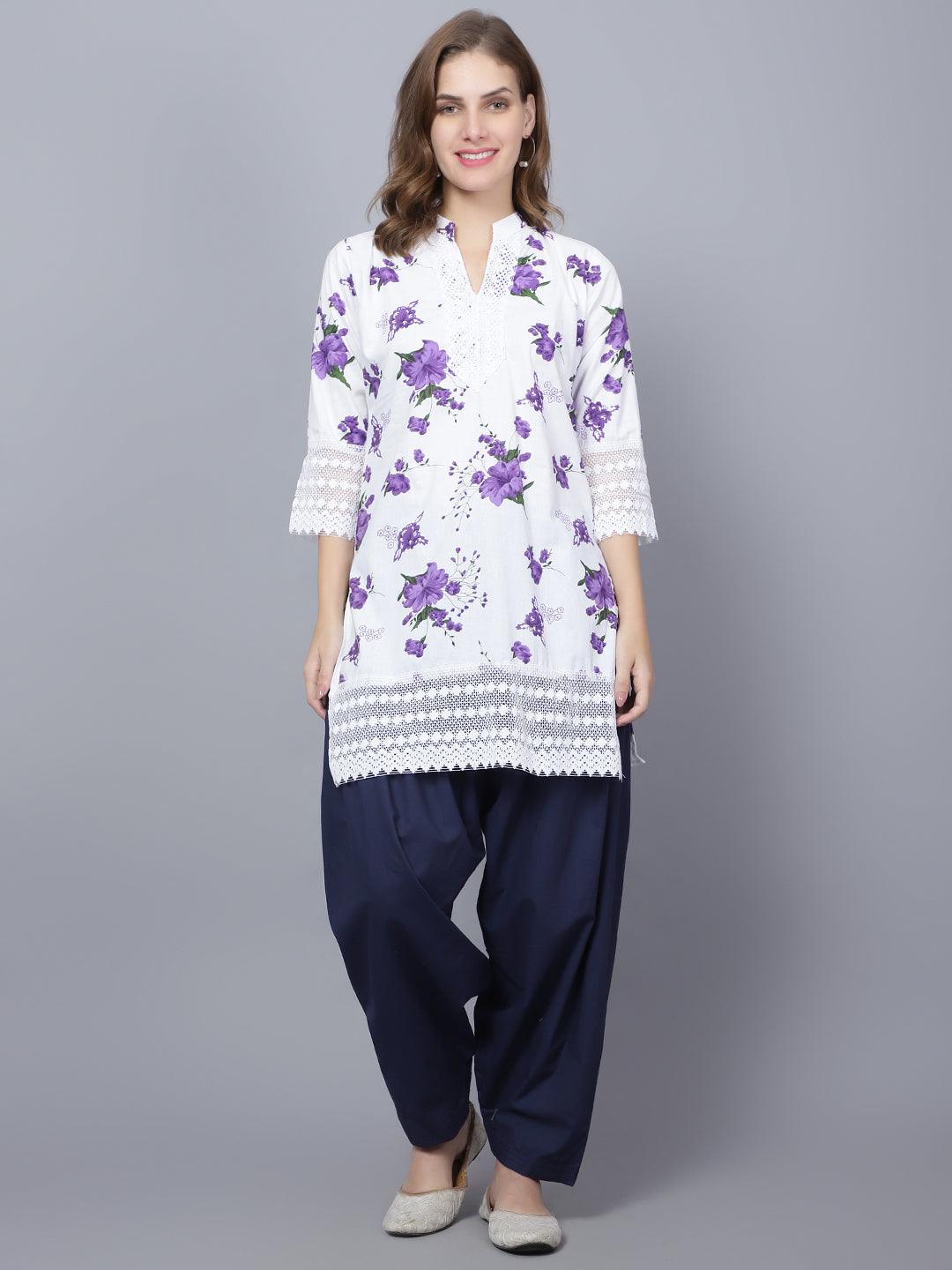 Trendzmy Women Apple Cut Purple Floral Print Pure Cotton Straight Kurta