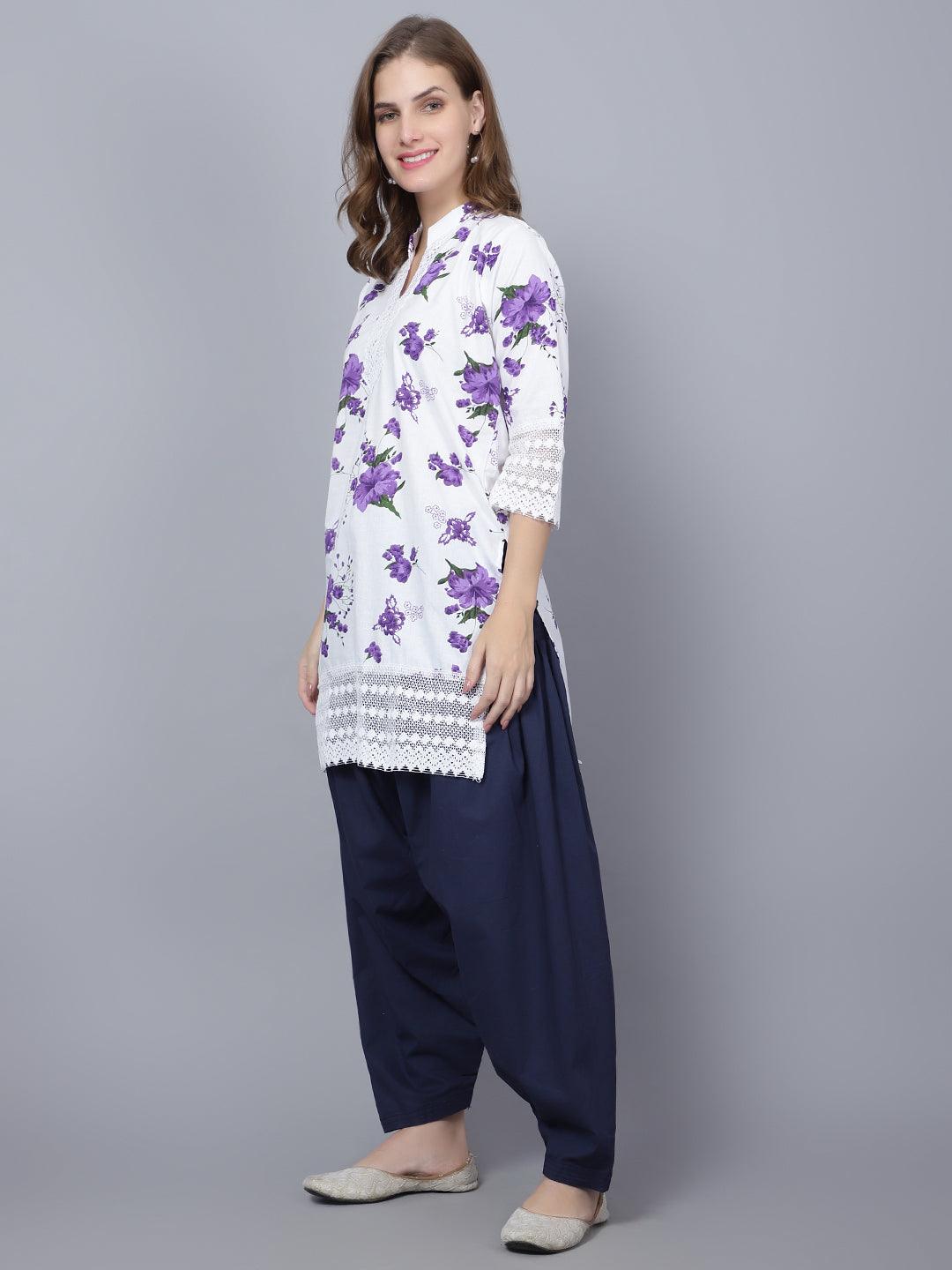 Trendzmy Women Apple Cut Purple Floral Print Pure Cotton Straight Kurta