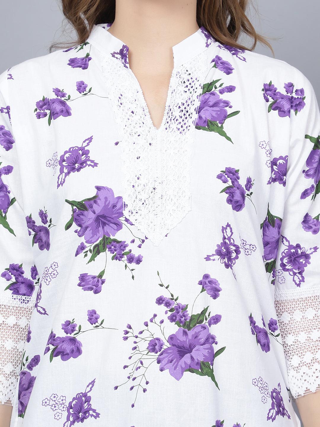 Trendzmy Women Apple Cut Purple Floral Print Pure Cotton Straight Kurta