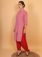 Women Red Floral Printed Cotton Kurti with One Side Pocket