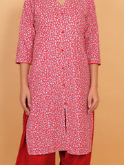 Women Red Floral Printed Cotton Kurti with One Side Pocket