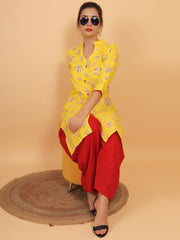 Women Yellow Floral Printed Cotton Kurta with One Side Pocket