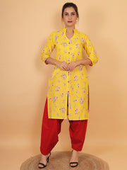 Women Yellow Floral Printed Cotton Kurta with One Side Pocket
