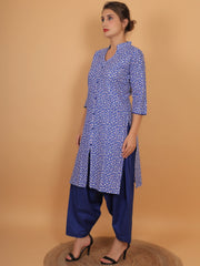 Women Blue Floral Printed Cotton Kurta with One Side Pocket