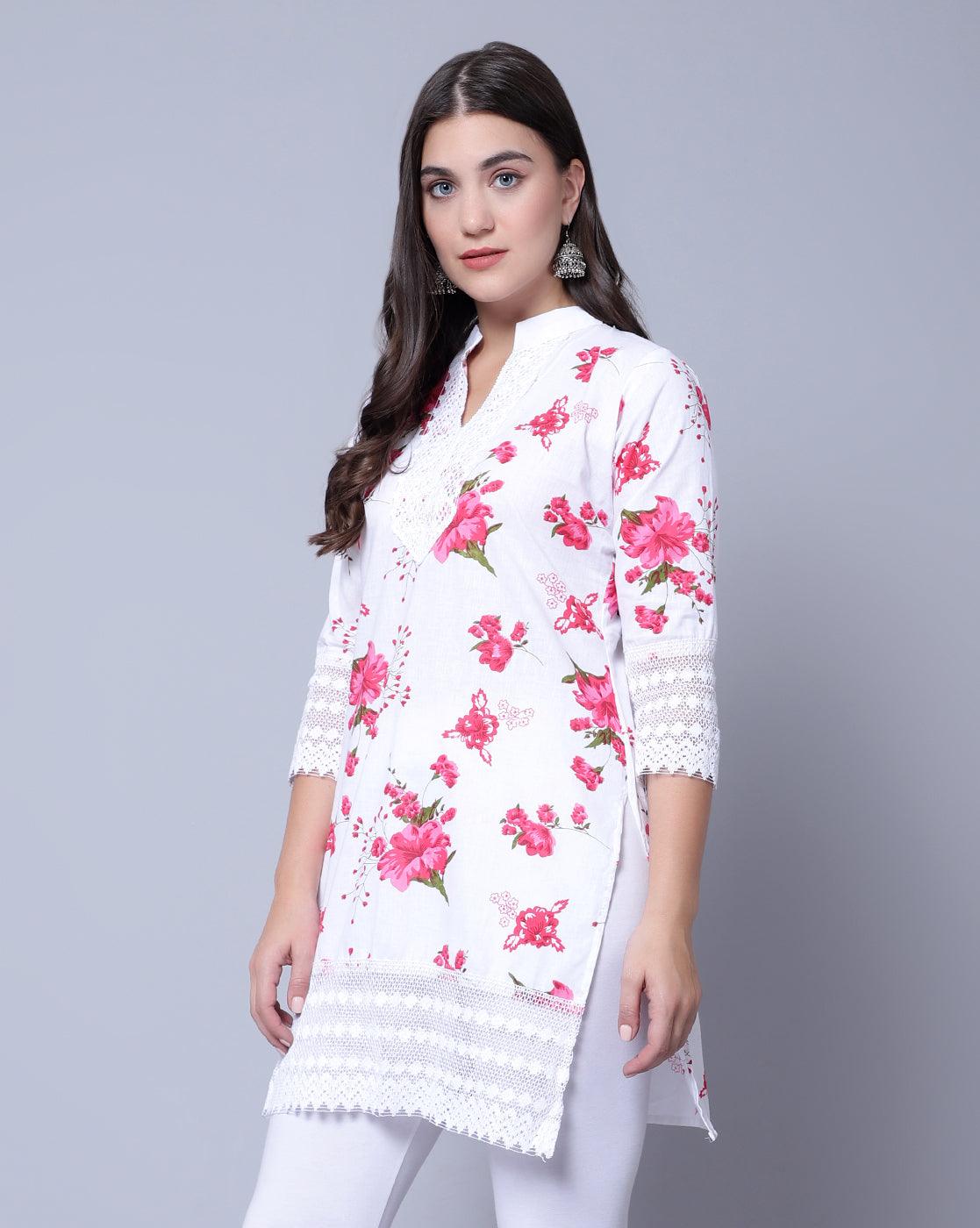Trendzmy Women Apple Cut Red Floral Print Pure Cotton Straight Kurta