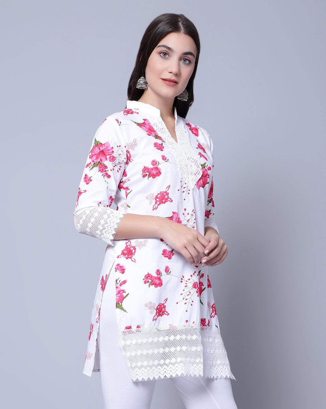 Trendzmy Women Apple Cut Red Floral Print Pure Cotton Straight Kurta