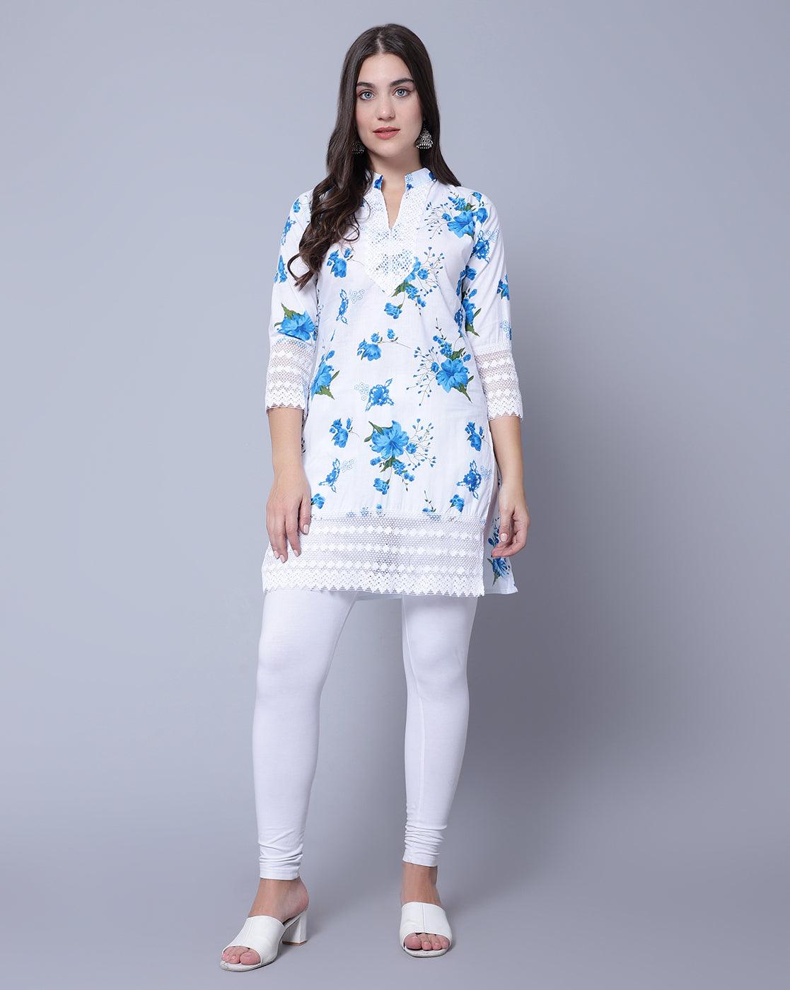 Trendzmy Women Apple Cut Blue Floral Print Pure Cotton Straight Kurta