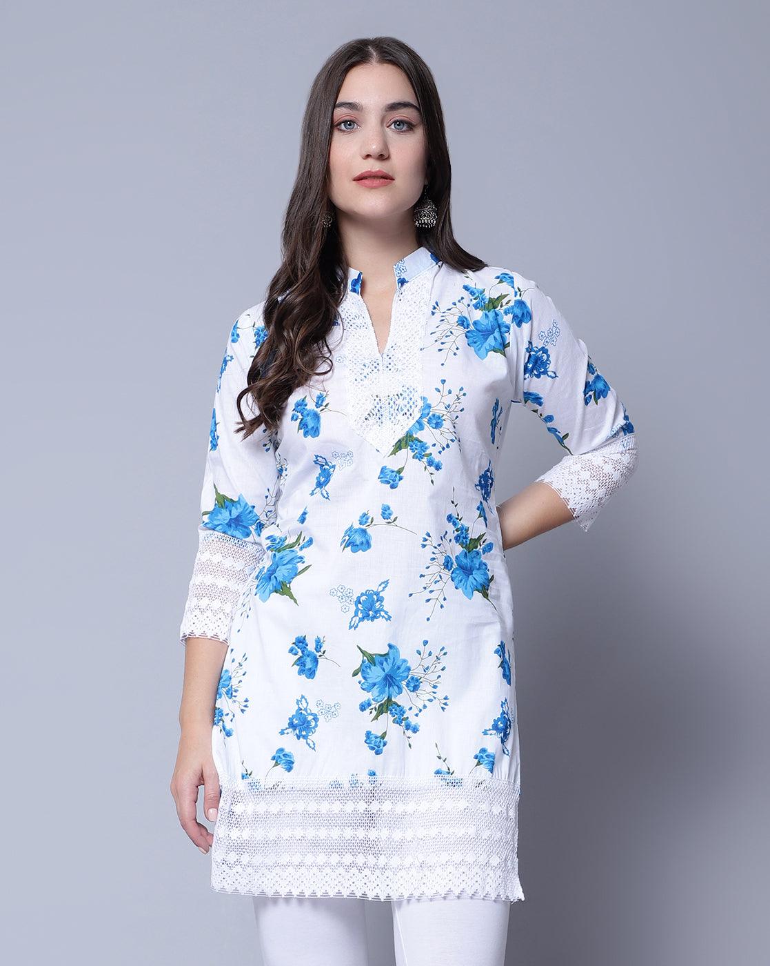 Trendzmy Women Apple Cut Blue Floral Print Pure Cotton Straight Kurta