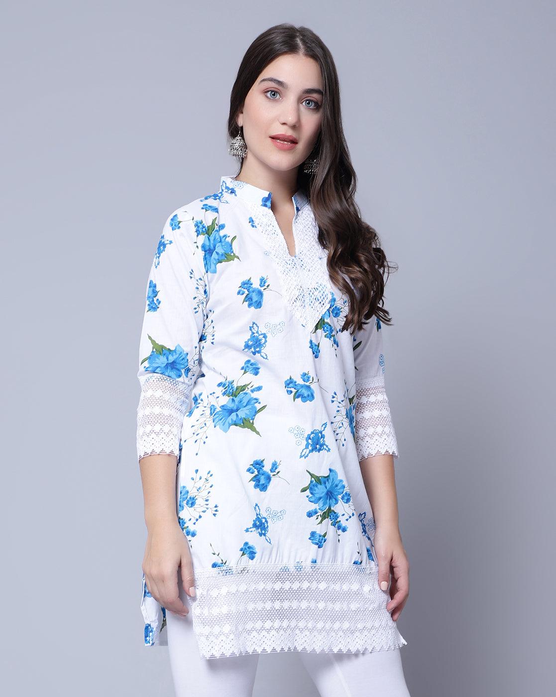 Trendzmy Women Apple Cut Blue Floral Print Pure Cotton Straight Kurta