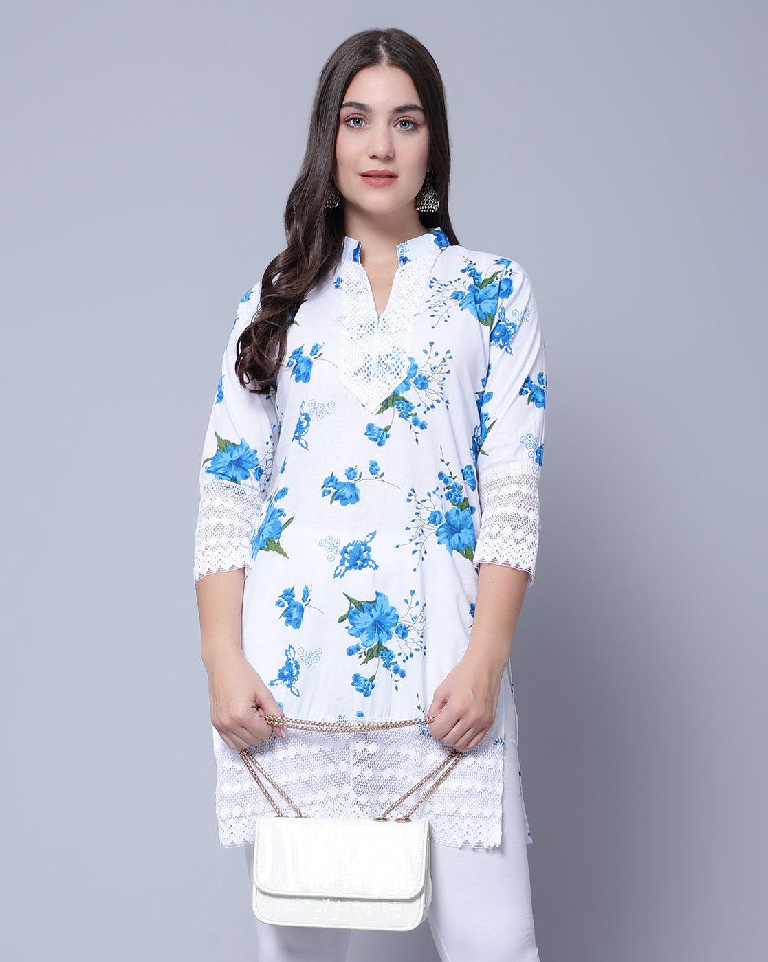 Trendzmy Women Apple Cut Blue Floral Print Pure Cotton Straight Kurta XXXL