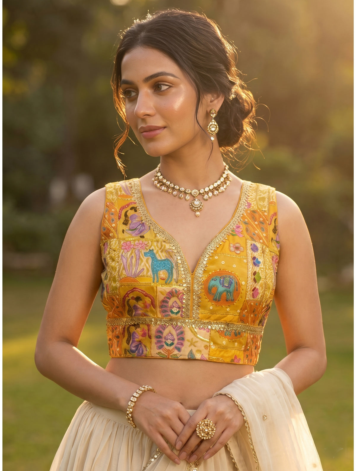 Premium Yellow Kntha Print Embroidered V-Neck Blouse | Sleeveless Ethnic Crop Top for Lehengas & Sarees | Indian Wedding & Festive Wear