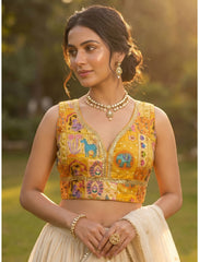 Premium Yellow Kntha Print Embroidered V-Neck Blouse | Sleeveless Ethnic Crop Top for Lehengas & Sarees | Indian Wedding & Festive Wear