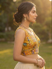 Premium Yellow Kntha Print Embroidered V-Neck Blouse | Sleeveless Ethnic Crop Top for Lehengas & Sarees | Indian Wedding & Festive Wear