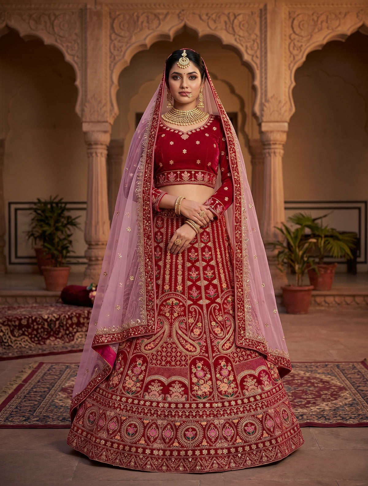 Royal Crimson Bridal Lehanga Unstitched for Women – Heavy Embroidered Wedding Lehenga Choli with Dupatta | Traditional Indian Bridal Wear