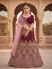 Luxury Wine Bridal Lehenga Choli with Pink Dupatta | Unstitched Wedding Lehenga for Women