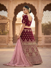 Luxury Wine Bridal Lehenga Choli with Pink Dupatta | Unstitched Wedding Lehenga for Women