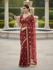 Women Maroon Georgette Saree with Golden Embroidery & Border – Karva Chauth Special