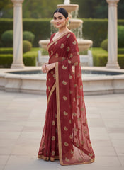 Women Maroon Georgette Saree with Golden Embroidery & Border – Karva Chauth Special