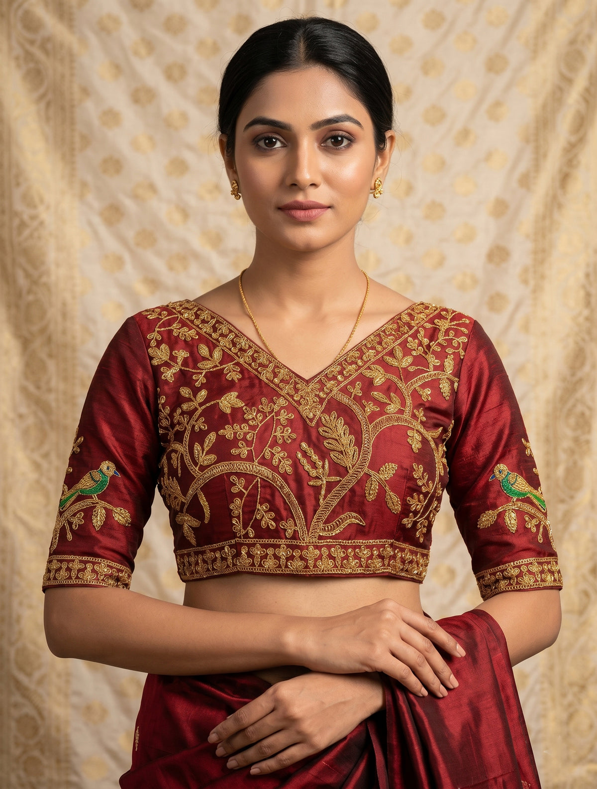Royal Maroon Raw Silk Blouse with Hand-Embroidered Zardosi Peacock Motifs | Deep V-Neck Indo-Western Bridal Saree Blouse