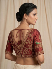 Royal Maroon Raw Silk Blouse with Hand-Embroidered Zardosi Peacock Motifs | Deep V-Neck Indo-Western Bridal Saree Blouse