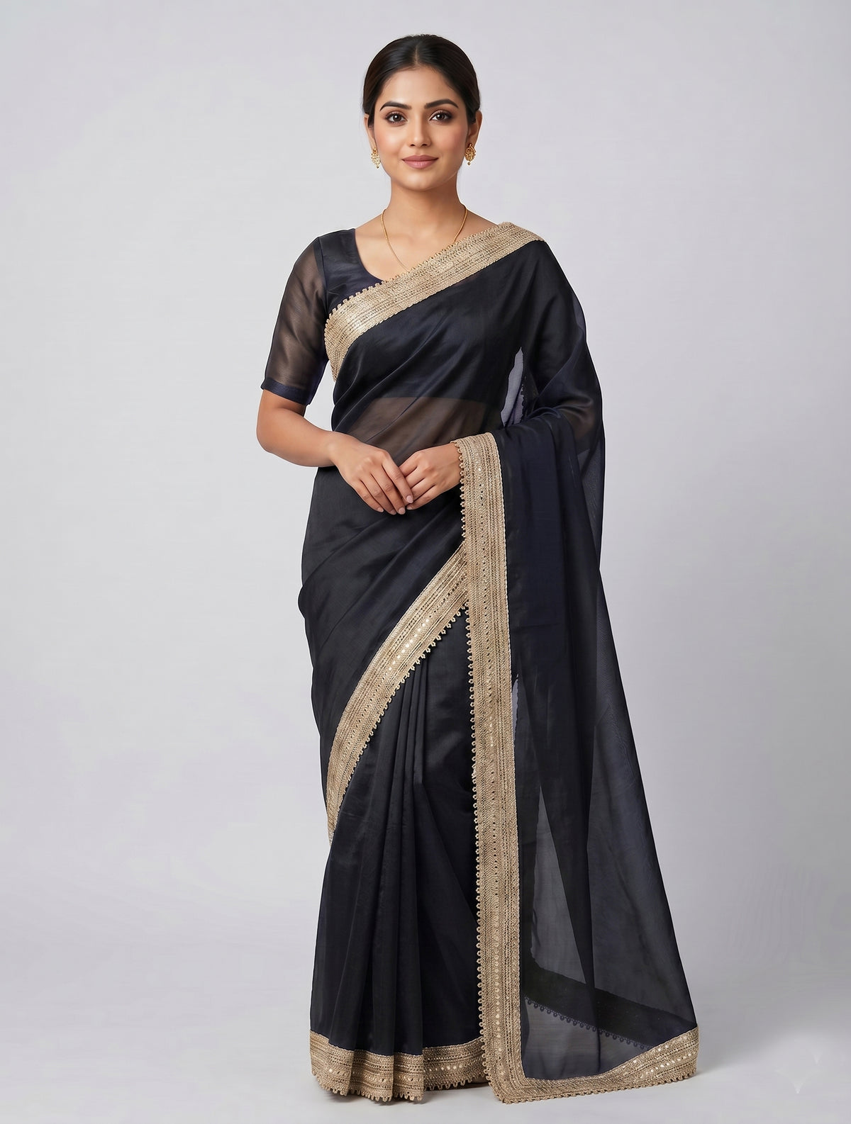 Women's Black Organza Saree with Elegant Gold Embroidered Border