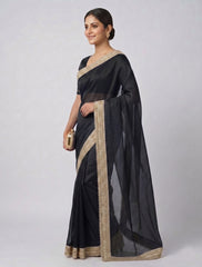 Women's Black Organza Saree with Elegant Gold Embroidered Border
