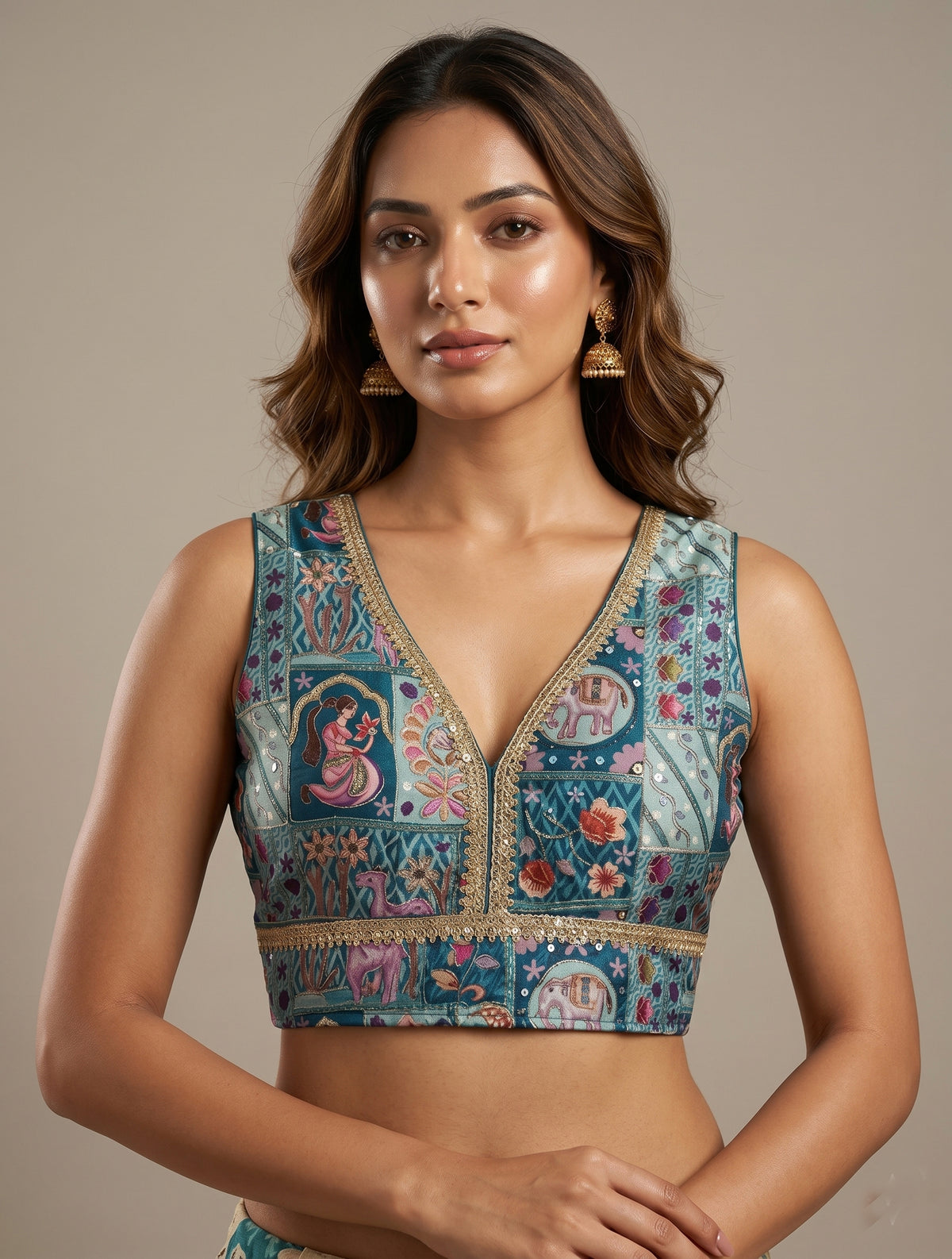 Premium Teal (Peacock Green) Cotton Silk Kantha Print Sleeveless Crop Top Blouse with Zari Detail