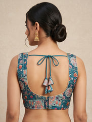 Premium Teal (Peacock Green) Cotton Silk Kantha Print Sleeveless Crop Top Blouse with Zari Detail