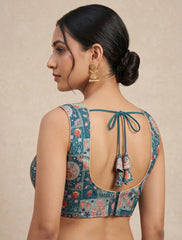 Premium Teal (Peacock Green) Cotton Silk Kantha Print Sleeveless Crop Top Blouse with Zari Detail