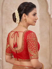 Crimson Red Silk Embroidered Saree Blouse – Sweetheart Neck & Half Sleeves