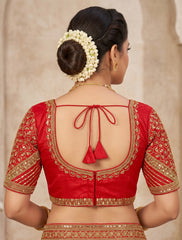 Crimson Red Silk Embroidered Saree Blouse – Sweetheart Neck & Half Sleeves