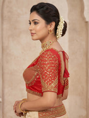 Crimson Red Silk Embroidered Saree Blouse – Sweetheart Neck & Half Sleeves