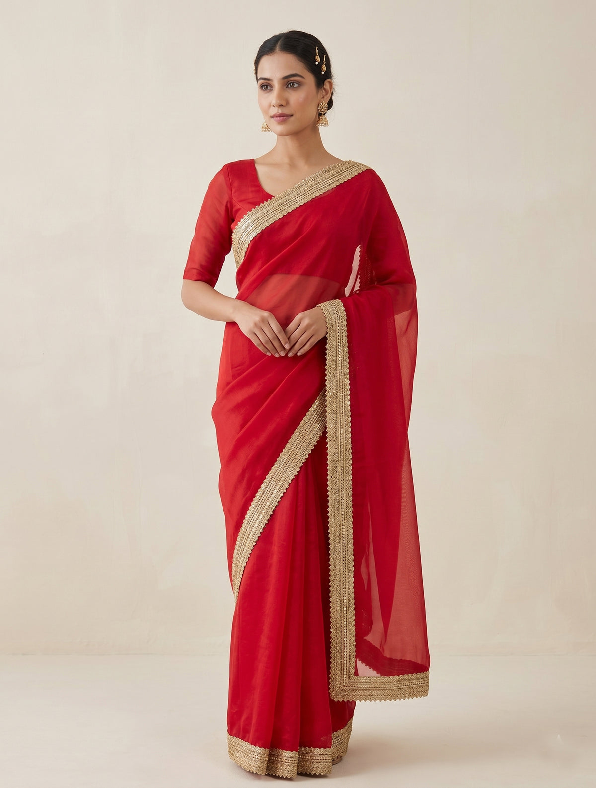 Elegant Red Organza Silk Saree with Golden Zari Border