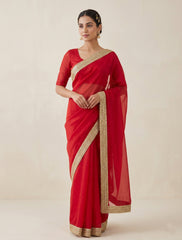 Elegant Red Organza Silk Saree with Golden Zari Border