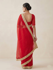 Elegant Red Organza Silk Saree with Golden Zari Border