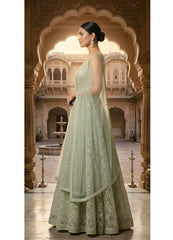Stitched Pista Green Net Partywear Gown (M Size)