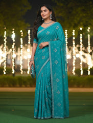 Women Teal Blue Georgette Saree with Silver Sequin Embroidery & Matching Blouse Piece