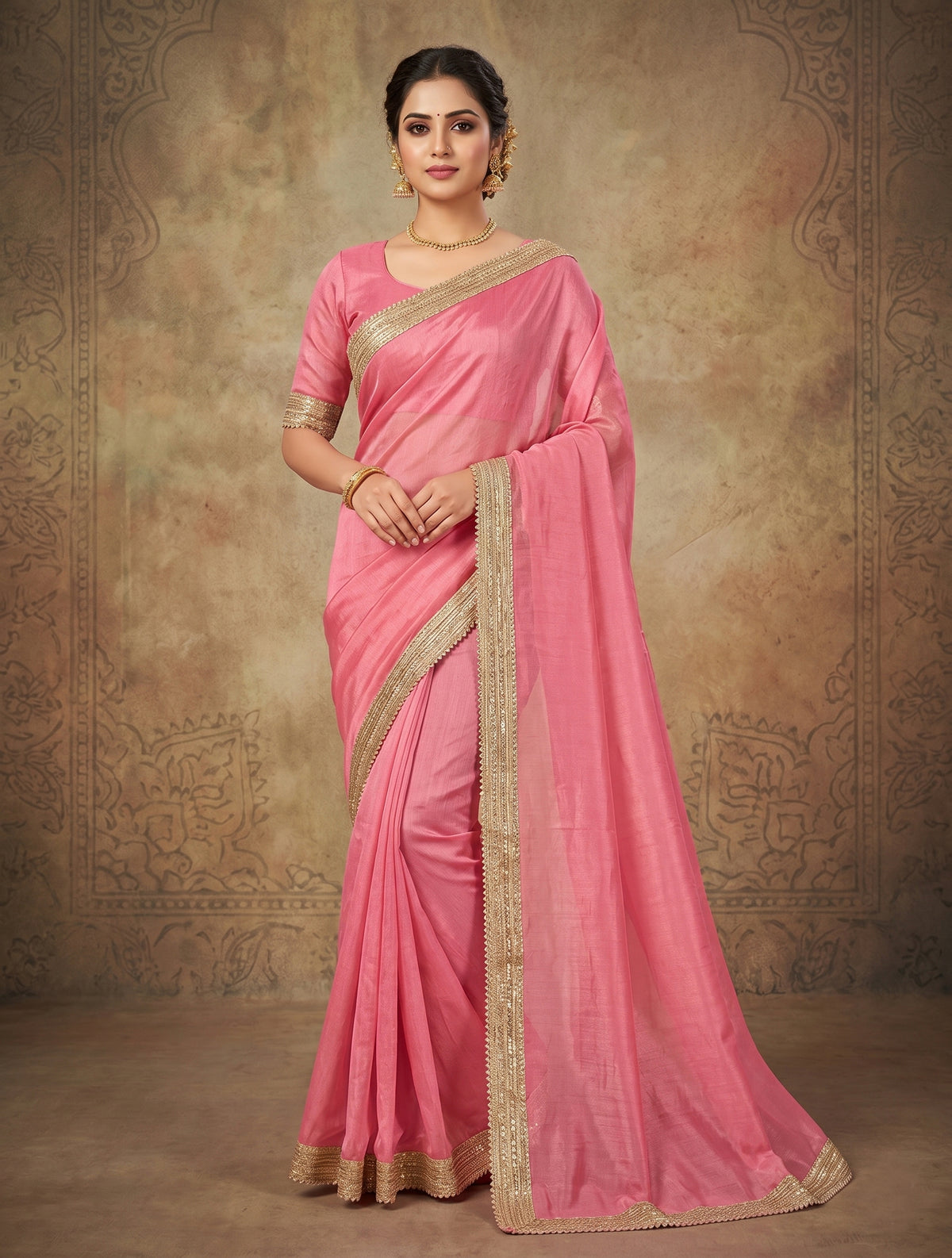 Women’s Pink Designer Saree with Golden Border – Elegant Ethnic Party Wear Saree for Wedding & Festive Occasions